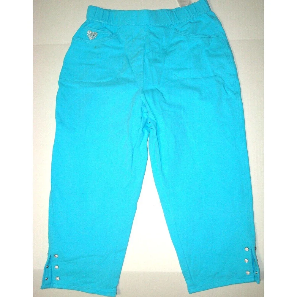 Womens Quacker Factory Dream Jeannes S Capri Turquoise Blue Pull On Pants Rhines - Picture 1 of 10